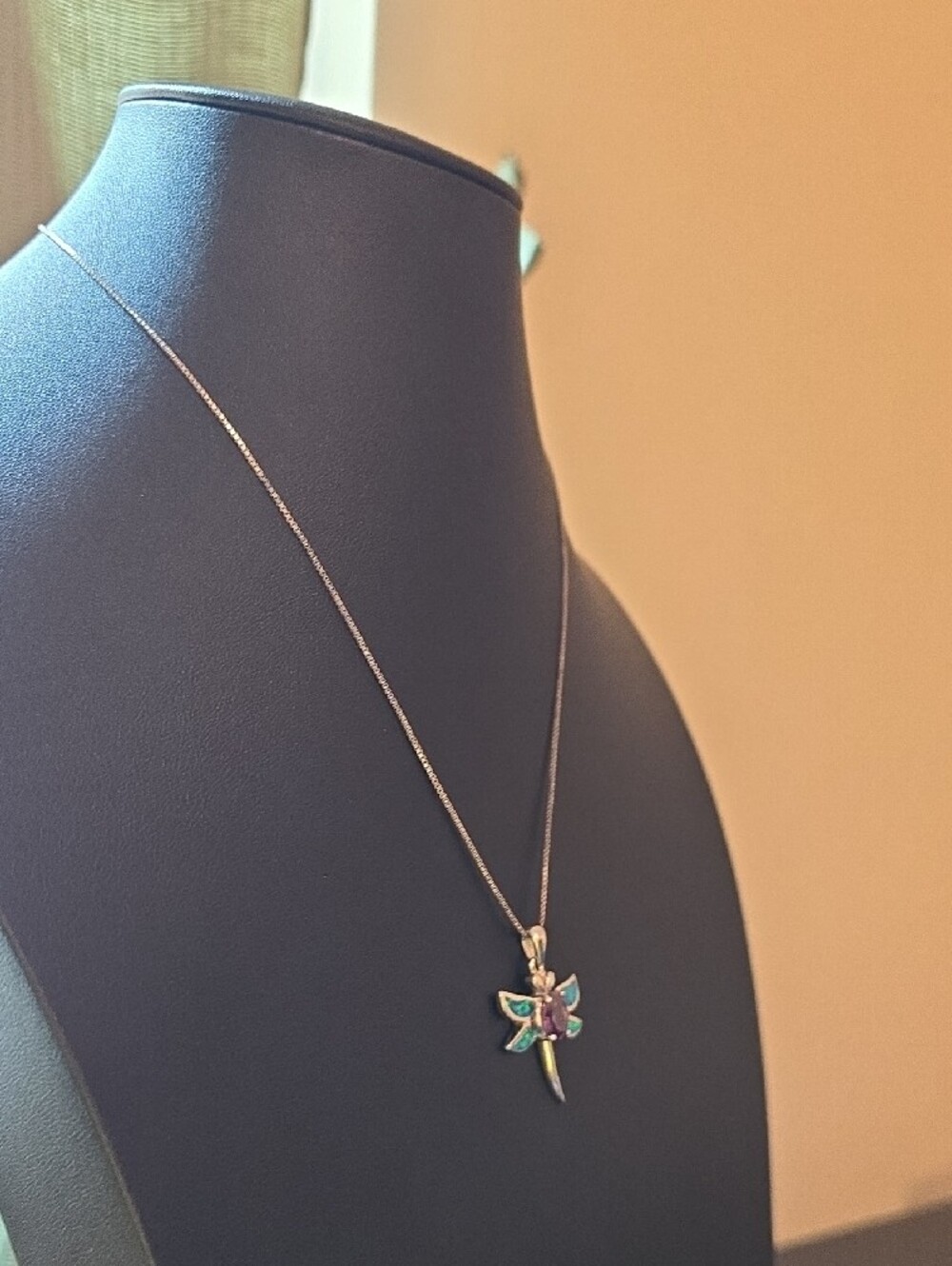 Silver Dragonfly Pendant Necklace with Amethyst Center and Blue-Green Opal Wings - Picture 5 of 9